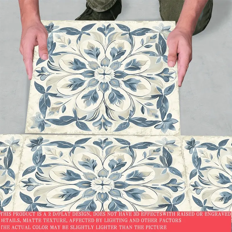 10pcs 2D Flat Vinyl Floor Leather Stickers, Spanish Style - Floral Pattern Peel-and-Stick Removable Tiles for Kitchen & Dorm Renovation, 11.81x11.81 Inches, Suitable for Living Room, Balcony, Bathroom Decor, Daily and Vintage Aesthetic Artistic Ambiance