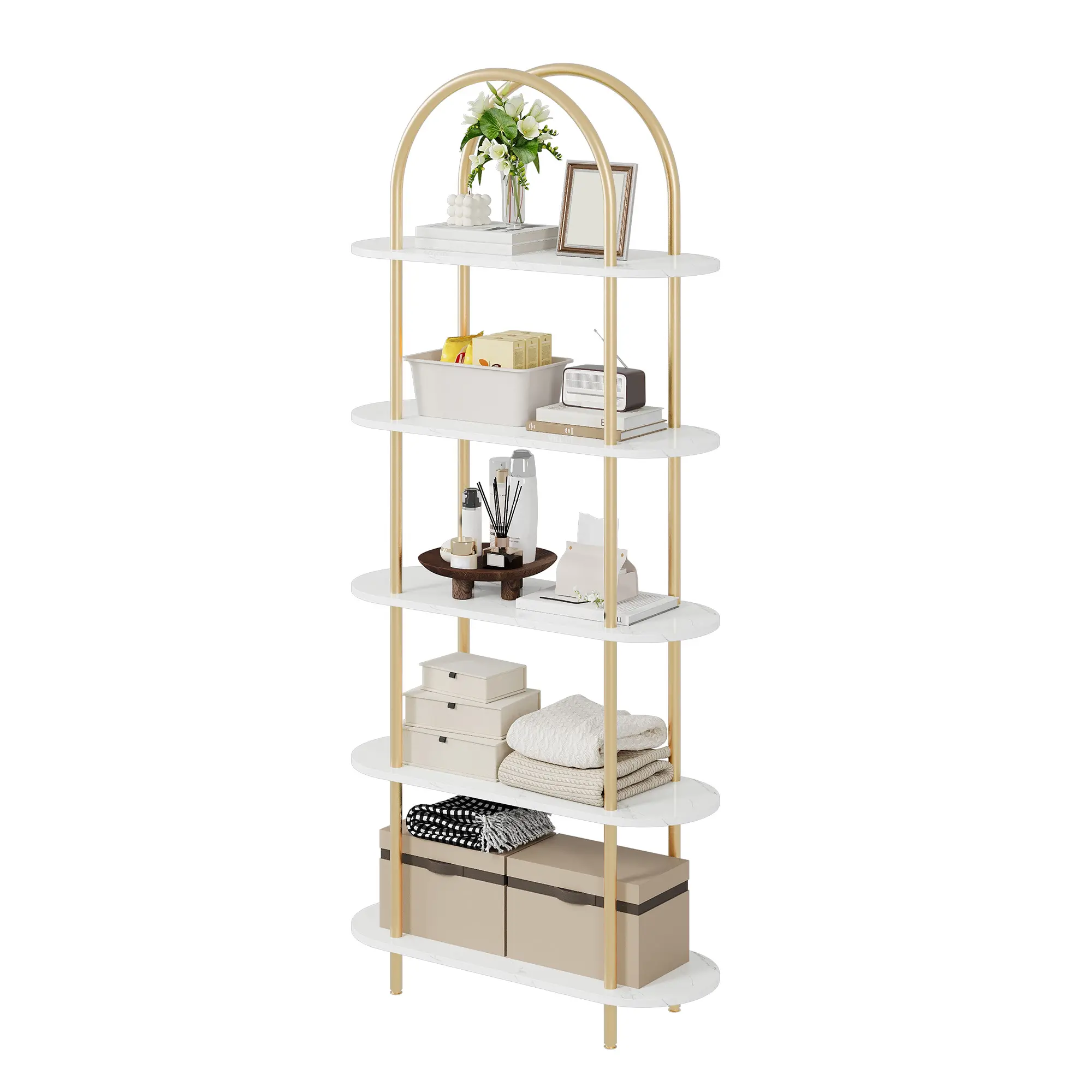 5-Tier Arched Gold/Black Frame Bookcase, 71" Tall Stable Metal Shelf with Marble/Wood Finish, Contemporary Open Storage Rack for Living Room Home Library, Anti-Tip Safety, Narrow Space Saver for Collectibles