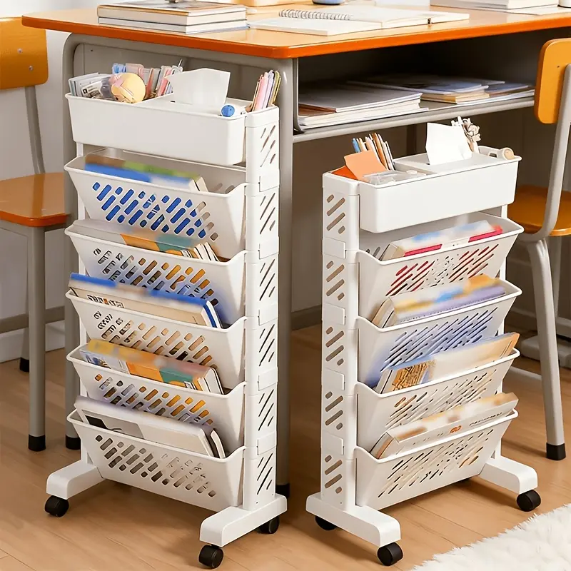 1PC Multifunctional White Plastic Rolling Side Table Bookshelf, Multi-tier Mobile Storage Cart for Home and Office