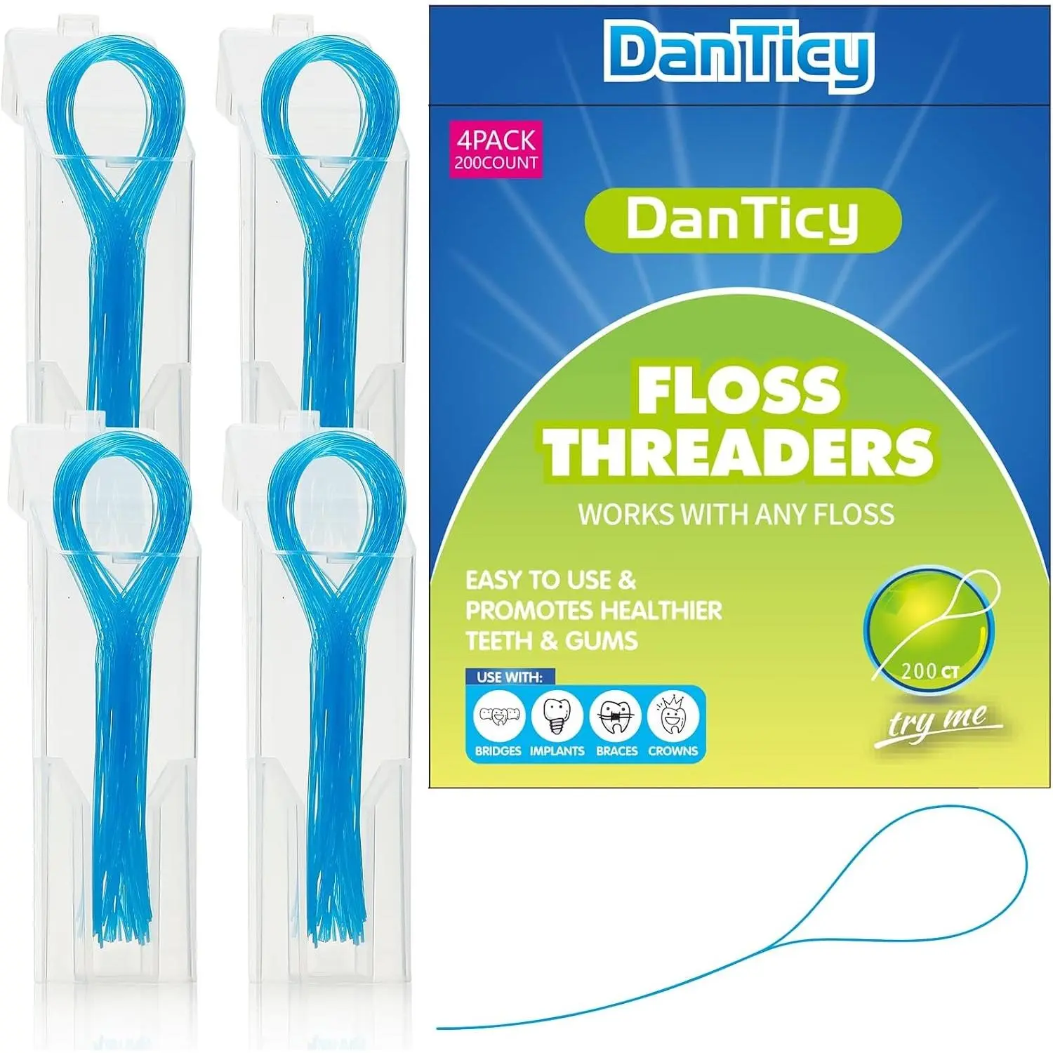 Dental Floss Threaders for Braces, Bridges, and Implants, Deep Clean, 200 Count (4 Pack), Blue