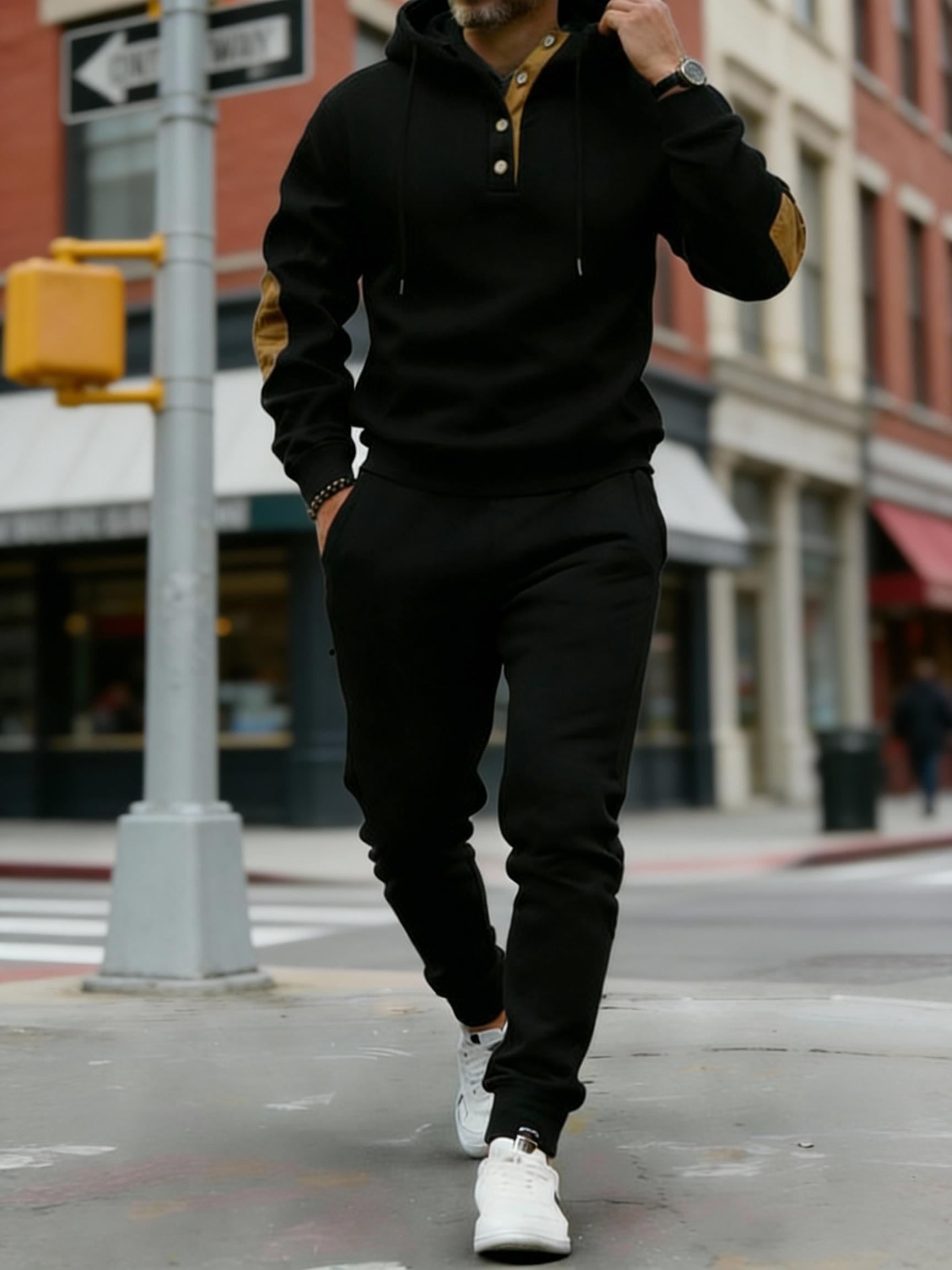 Vintage Style Men's 2-Piece Loungewear Set - Textured Fabric Hoodie with Button Placket & Contrast Details Casual Beige