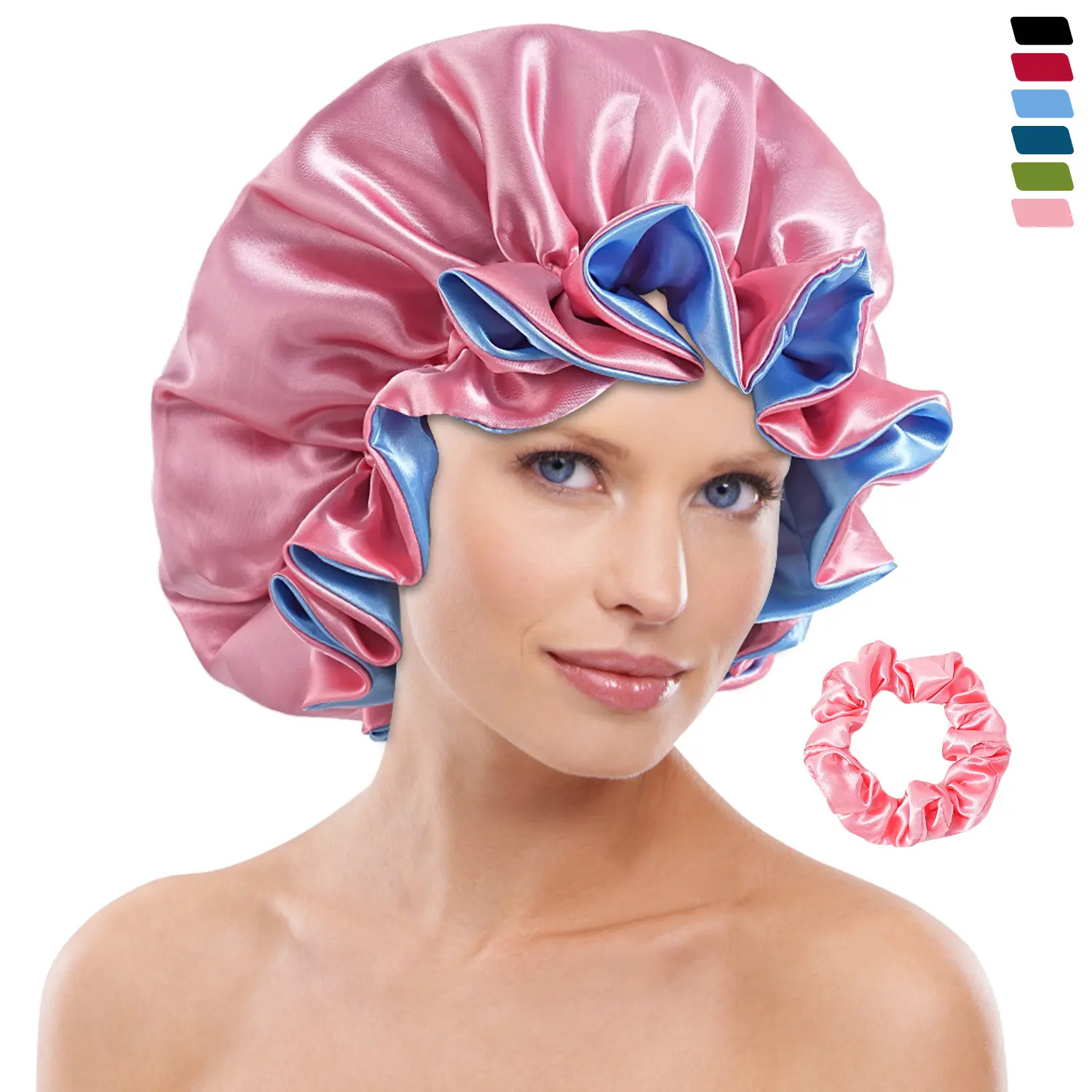 Reversible Satin Bonnet and Scrunchie Set for Women, Oversized Silky Ruffle Sleep Cap for Long Curly Braids, Smooth Elastic Anti-Frizz Haircare