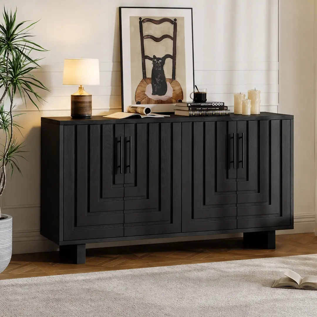 ARCH Modern 59-Inch MDF-Iron Black Sideboard Buffet Cabinet - 4 Doors, 3-4 Storage Spaces, Durable Accent Chest, Assembly Required, Furniture Living Room Decor for Dining Room Entryway (15.75W x 59.00D x 32.50H in)