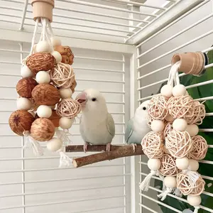 Natural Wood Rattan Bird Foraging Chew Toy Hanging Cage Decor with Walnut Nuts Wooden Balls for Budgies Cockatiels Lovebirds Small Medium Parrots Multiple Styles Available