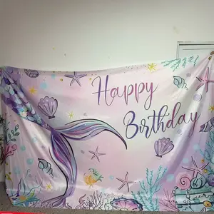 2D Flat 1PC Polyester Banner, Dreamy Mermaid Birthday Theme Design, Party Decor, Featuring "Happy Birthday" Cursive Lettering, Gradient Mermaid Tail Elements, Seashell Decor & Pink Purple Watercolor Layout, Sweet Dreamy Style, Indoor and Outdoor Use,