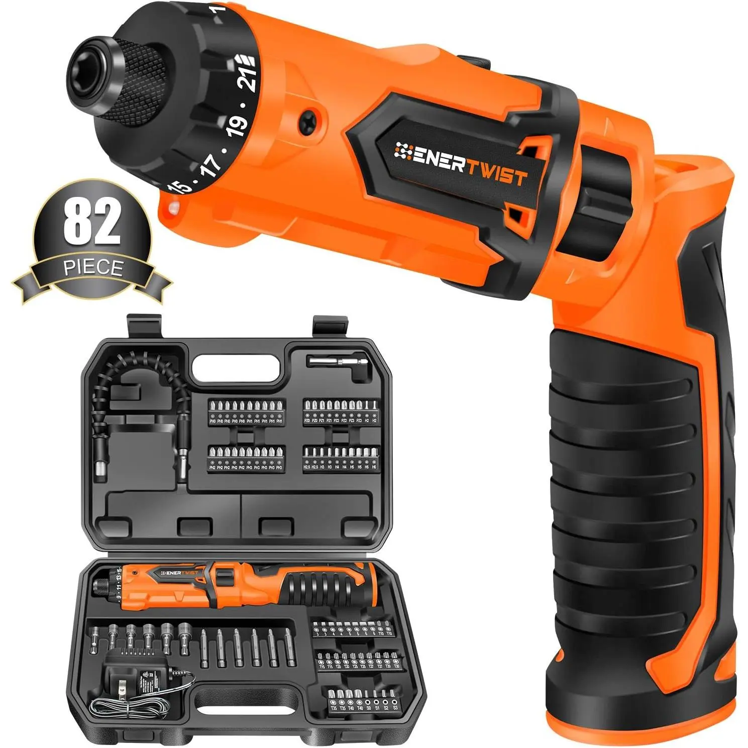 8V Screwdriver, 82 Accessory Kit, Max 10Nm 21+1 Cluth| Electric Screwdriver Set, Safety Lock, Charger in Case, Ergonomic Dual Position Handle, LED Light
