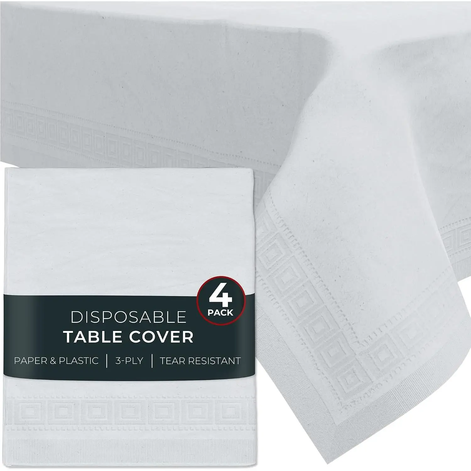 White Disposable Paper Tablecloths, 54x108 inches, 4 Pack, 3-Ply, Premium, for Rectangle Tables, Parties, Events