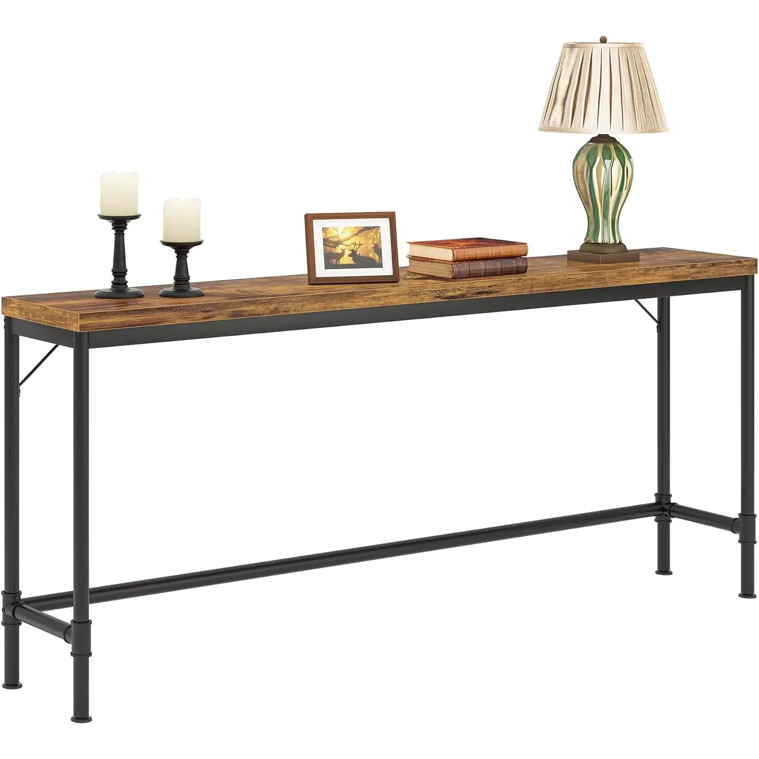 LustreC 70.9-Inch Industrial Long Lean Console Table - Sturdy Braces Wood/Metal Rustic Narrow Height Table for Living Room, Entryway, Ideal Behind Couch