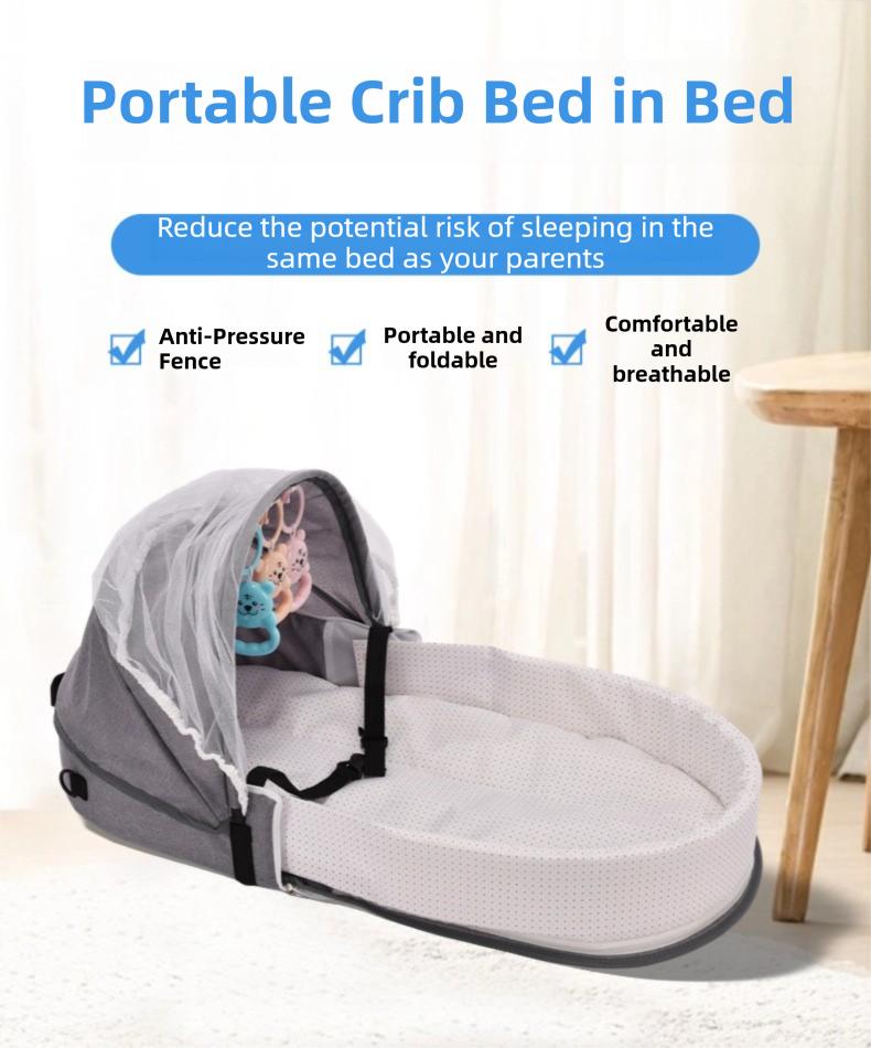 Portable Baby Bed in Bed for 0-12 Months Foldable Travel Infant Bassinet with Mosquito Net Canopy Breathable Mattress Safety Straps Carry Bag Backpack Design Includes 3 Hanging Toys