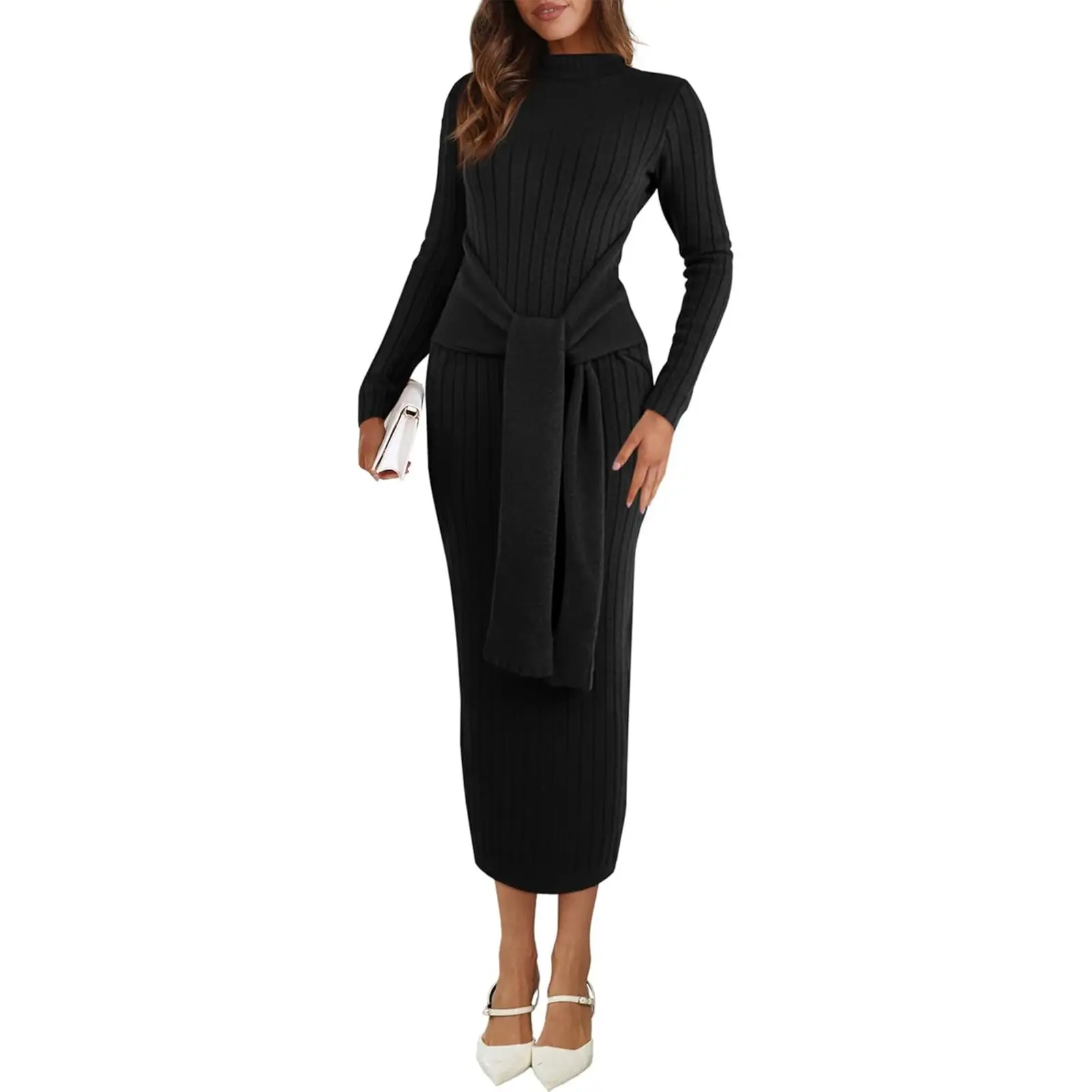 Saodimallsu Women's Basic Chic A-Type Ribbed Knit Jumper Dress, Casual Long-Sleeve Mock Neck Bodycon Midi with Tie Waist, Acrylic-Polyester Blend Fabric