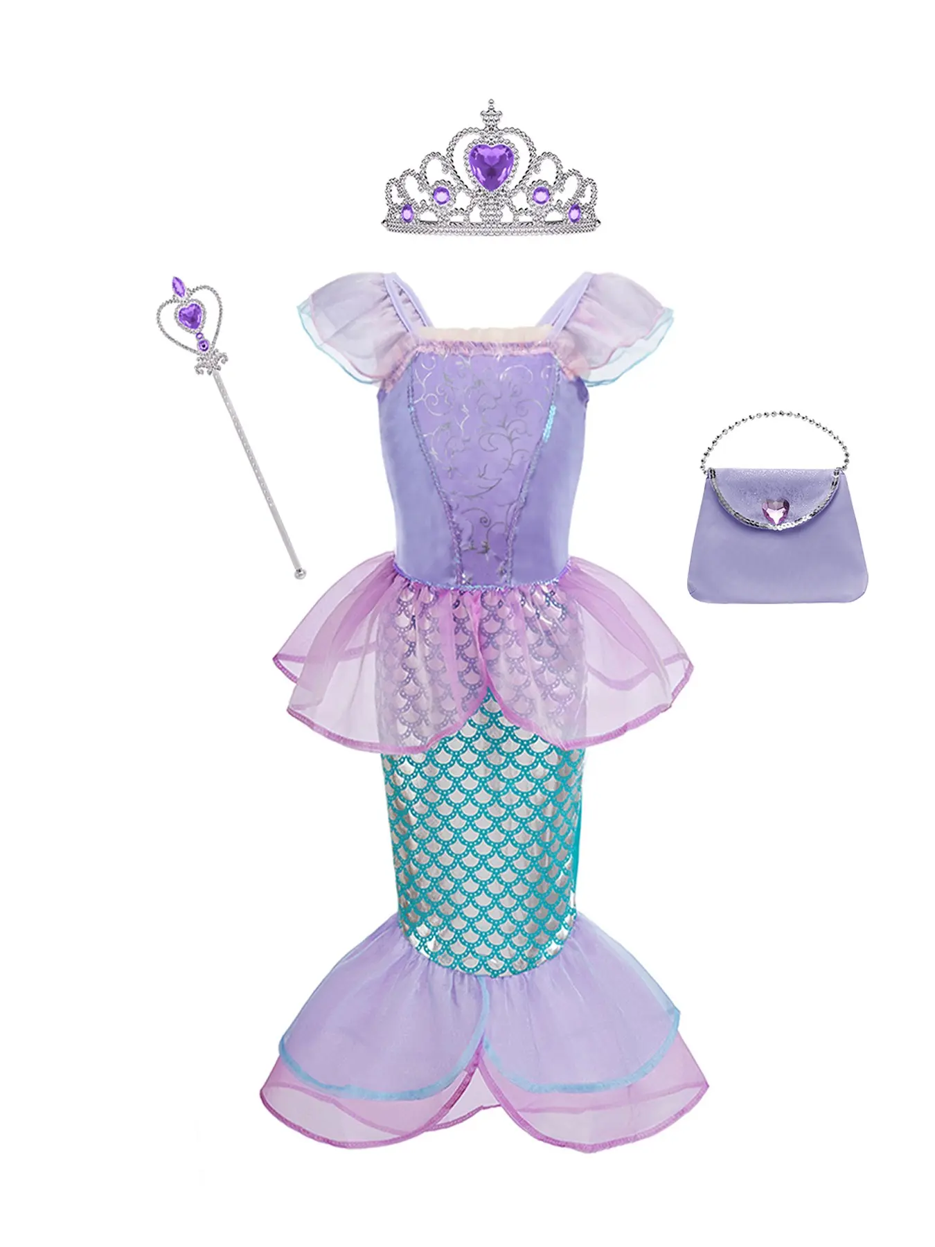 Girls Mermaid Princess Costume Set, Sparkly Scale Mermaid Tail Dress with Crown Wand Purse, Kids Fancy Outfit for Birthday Party, Halloween Cosplay, Book Week Dress Up4-Piece Set for Ages 3-12