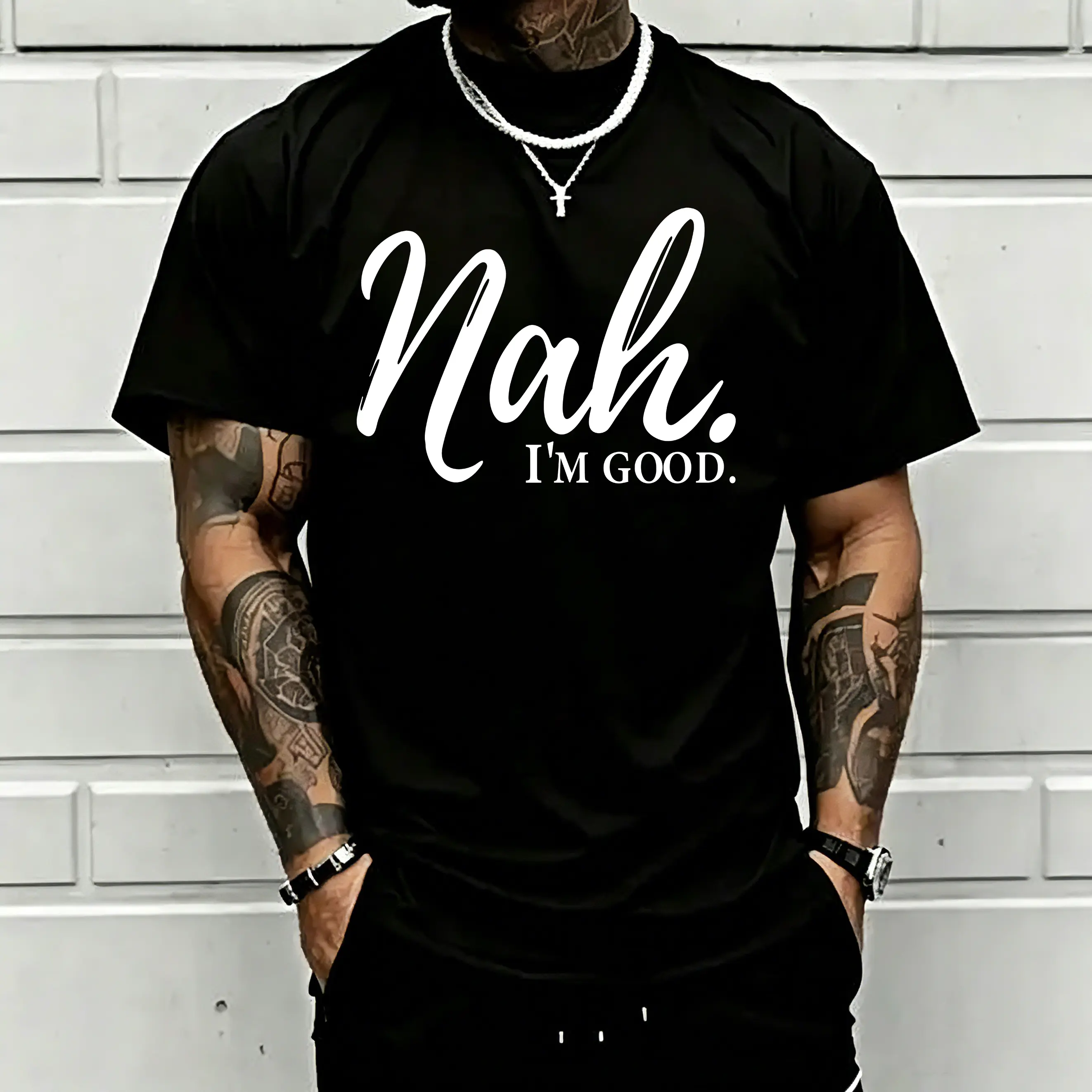 Men's Classic Short-Sleeve Cotton Round Neck Regular Fit Tshirt - "Nah I'm Good" Introvert Humor Graphic Top, Anti-Social Sarcastic Quote Casual Streetwear, Funny Gift for Friends
