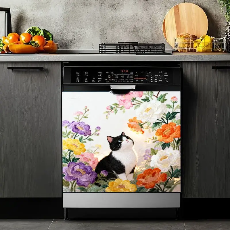 2D Flat 2Pcs Cat Floral Dishwasher Cover Sticker Colorful Peony Flower Pattern Black White Design Magnetic Covers Removable Waterproof Kitchen Appliance Decor for Refrigerator Cabinet Door Home Decoration Washable Easy Clean