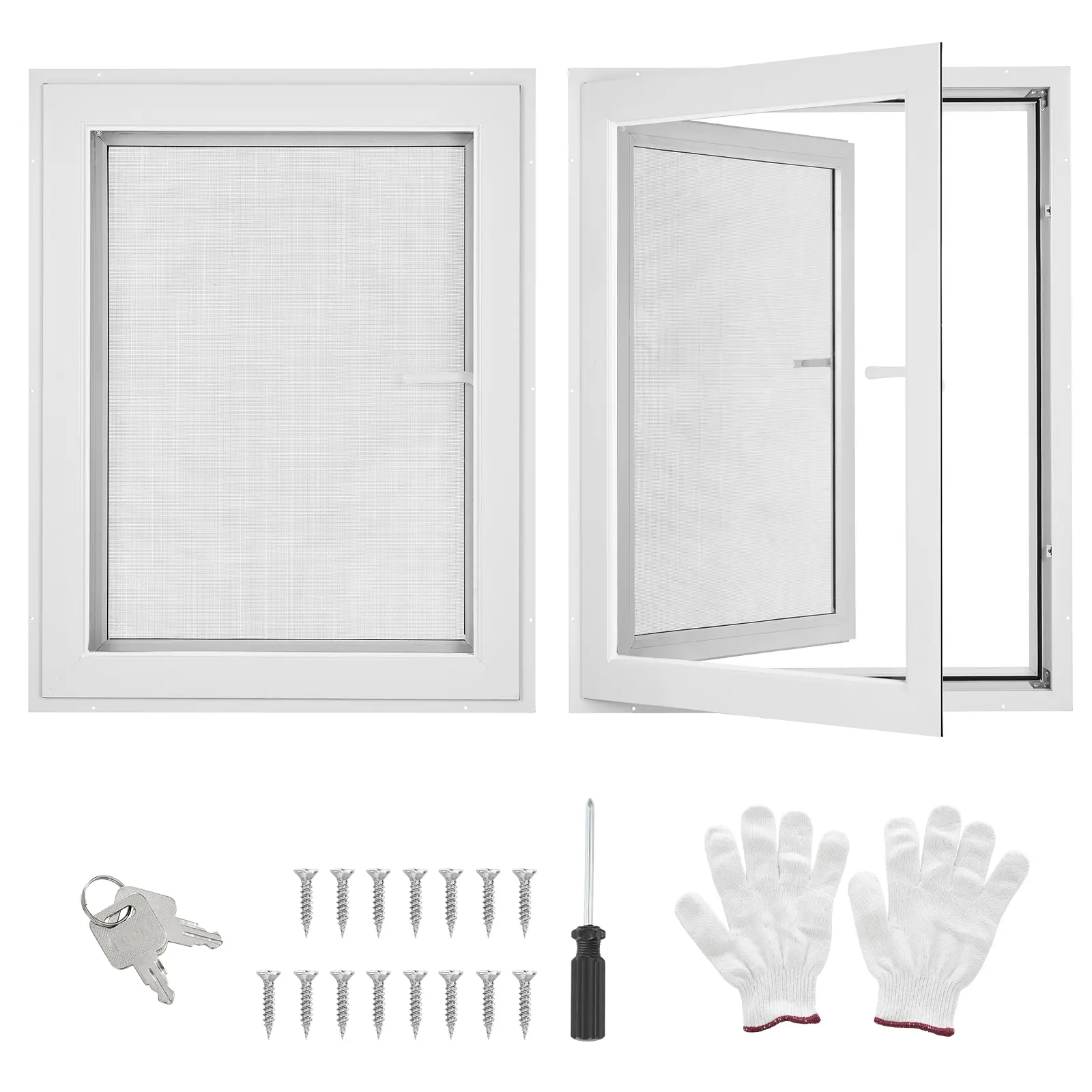 Reinforced Glass Casement Roof Window with 4-Position Adjustable Opening, Pull-Down Magnetic Mesh Screen & Childproof Lock – Aluminum Sliding Egress Window for Home Remodel