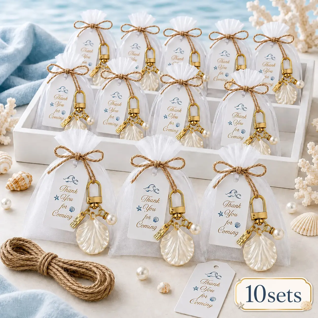 30pcs/10sets Pearl Shell Keychains for Baby Party, Ocean Theme Gift Set, Includes Organza Bag, Thank You Tag, Jute Rope, Perfect for Baby Shower, Wedding, Birthday