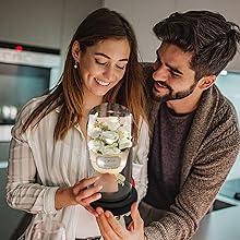 Gift for Her Forever Flower Bouquet for Delivery Prime Preserved Pink Roses Glass Dome LED Light 100 Languages I LOVE YOU Necklace Mothers Day Birthday Romantic Valentines Gift for Wife Women Mom