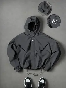 2026 New Arrival Men Minimalist Techwear Windbreaker Hoodie Jacket Solid Color Water Resistant Drawstring Hem & Hood Zip Side Pocket Lightweight Short Loose Outerwear Black Gray Army Green Brown Navy Dark Gray Multi Colors City Camping Daily Spring Fall O