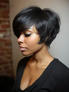 6 Inches Layered Pixie Bob Wig, 100% Human Hair Natural Straight, Glueless Stylish Bangs, Comfortable Breathable for Daily Casual Party Look