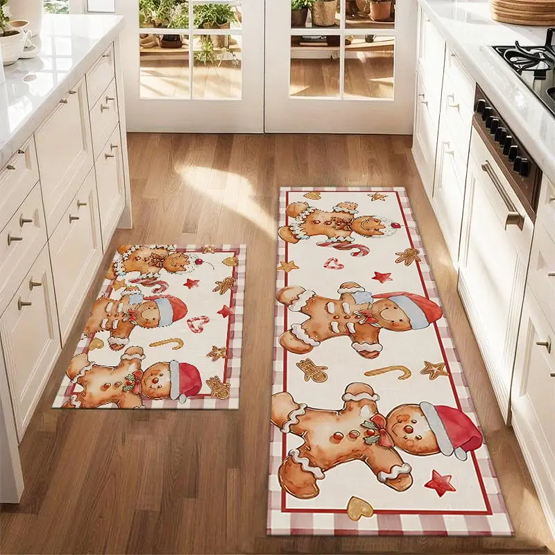 2pcs Christmas Gingerbread Man Floor Mat Set Farmhouse Kitchen Carpet Restaurant Floor Laundry Room Decoration Carpet Mat