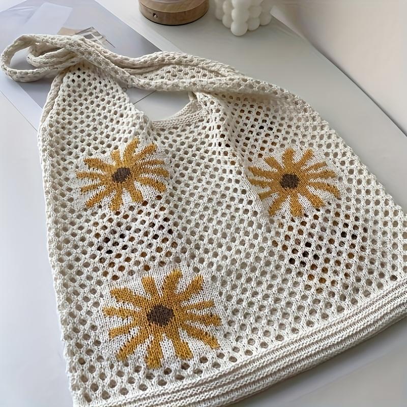 Crochet Shoulder Bag for Women with Floral Embossed Sunflower Design Beige Polyester Open-Top Tote Bag Spacious Bohemian Style Casual Handbag for Beach Outings 4 Seasons  Organiser