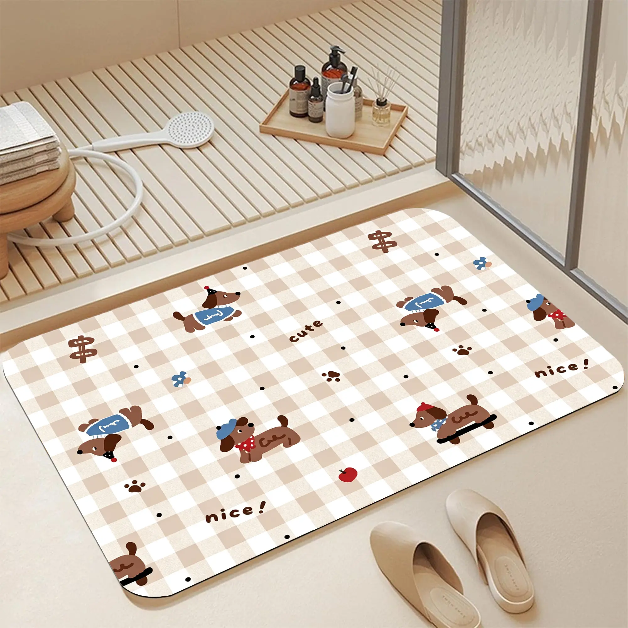 16*24" Neutral Beige Plaid Cartoon Dachshund Puppy Paw Print Cute Letter Print Diatomite Bath Mat |   Quick Dry Non Slip Kawaii Long Dog Vintage Gingham Grid Seamless Print Diatomaceous Earth Bath Mat Fast Water Absorbent Neutral Cottagecore Pet Puppy Sho
