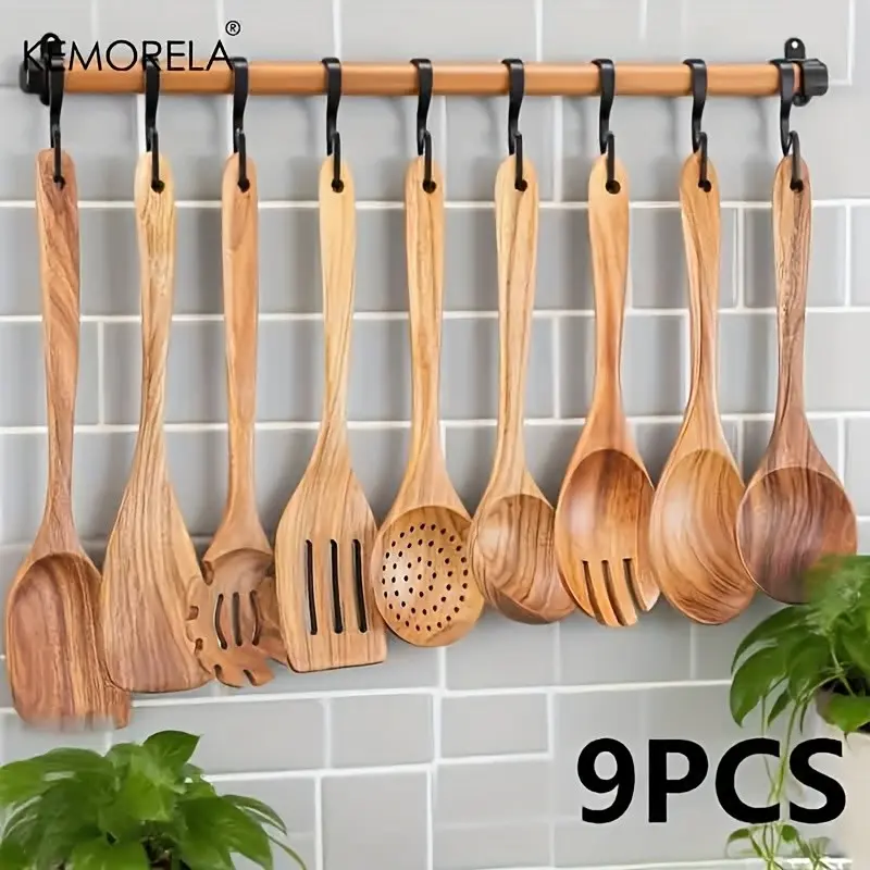 Kemorela Wooden Kitchen Utensils Set, 9-Piece Natural Wood Cooking Spoon, Pot Ladle, Noodle Scoop, Fish Fryer, Food Grade Safe, Non-Stick Durable, Cooking Gadgets, Cooking Accessories, Kitchen Tools