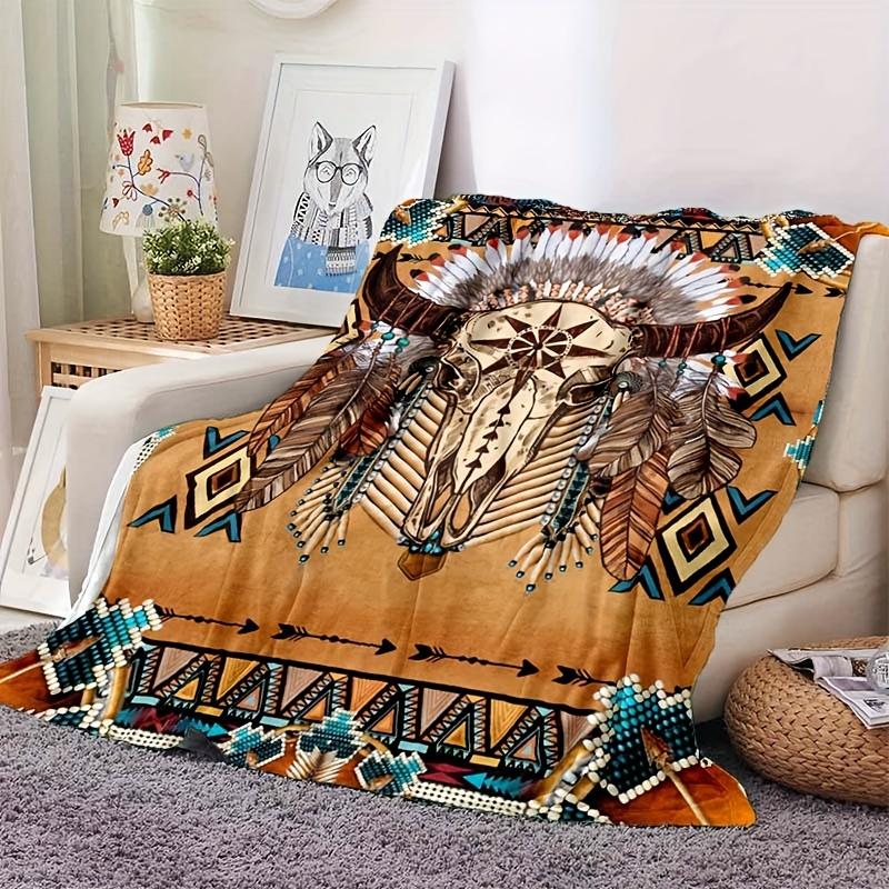 Skull Sheep Head Patterned Indian Style Blanket, Suitable For All Seasons, Comfortable And Cozy, Ideal For Home Sofas, Bedding, Office Napping, Travel, And Camping, Perfect As A Gift For Friends And Family