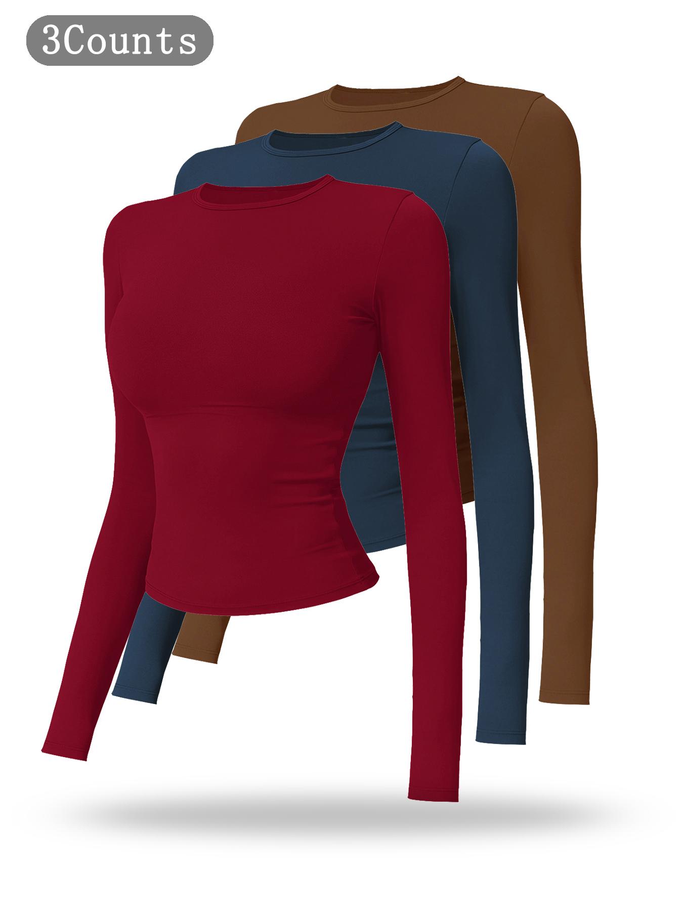 Women's Solid Long Sleeve Sports Tee, Sporty Round Neck T-shirt for Yoga Gym Workout Running, Ladies Sportswear for Spring & Fall, Gym Performance Top