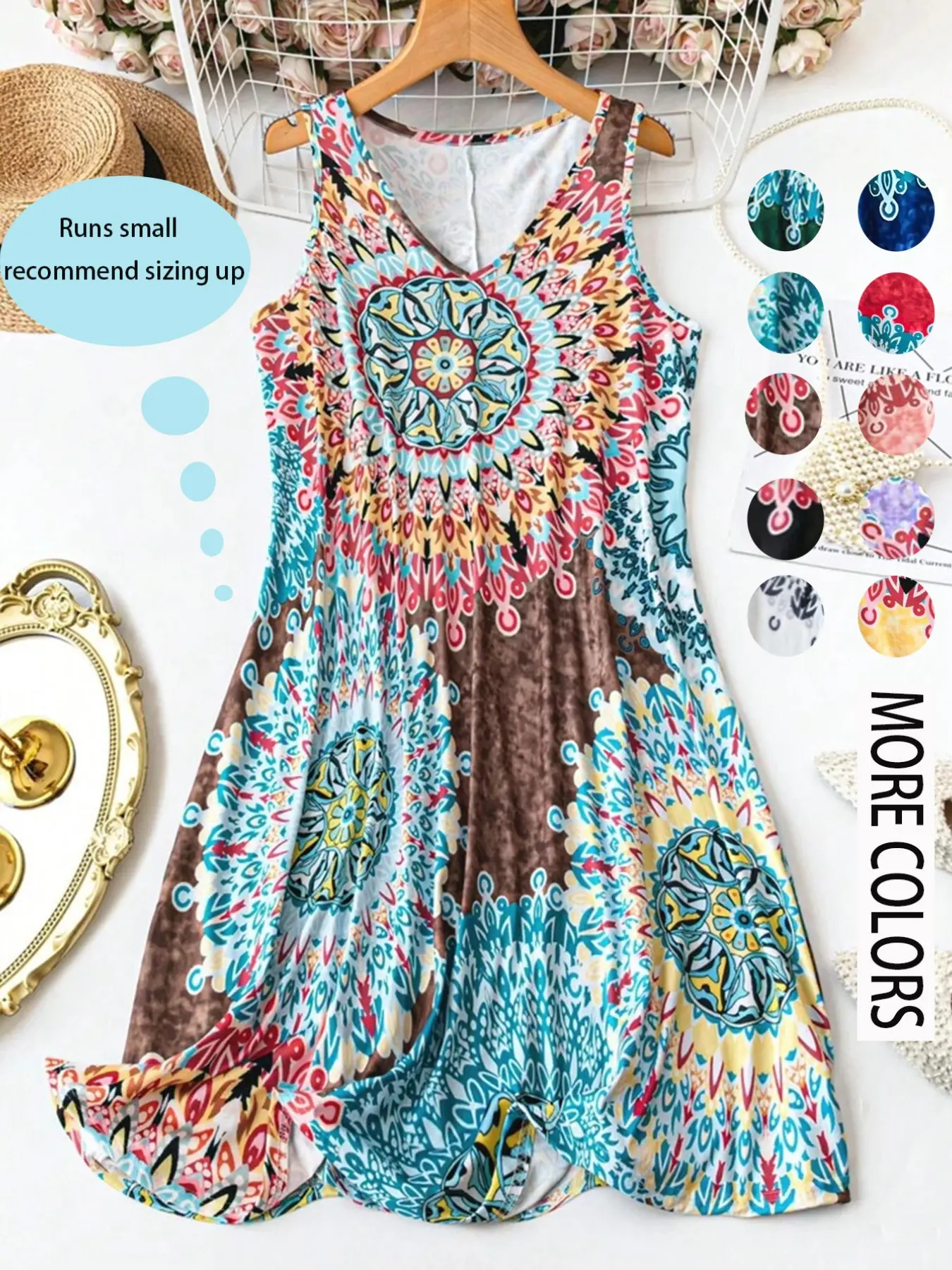 Women's Plus Size All Over Print Tank Dress, Casual Basic Sleeveless Dress, Comfortable, Fashion and Stylish, Perfect for Vacation and Home Use, Boho, Bohemian