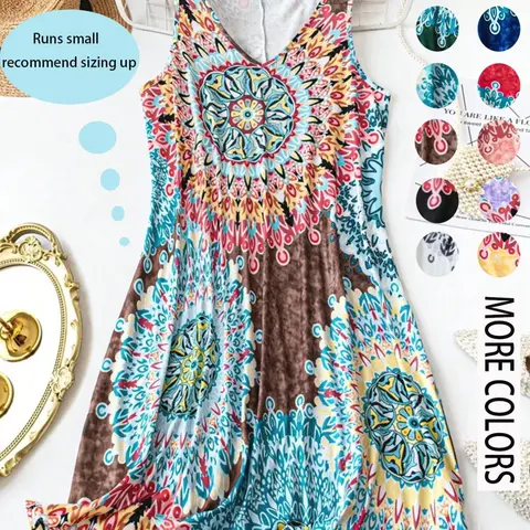 Women's Plus Size All Over Print Boho Summer Pattern Tank Dress, Casual Basic Sleeveless Dress, Comfortable, Fashion and Stylish, Perfect for Vacation and Home Use