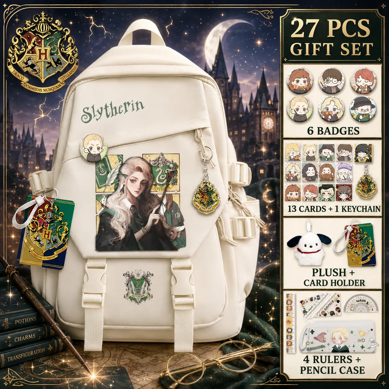 Harry Potter Slytherin Backpack, Ivory Utility School Bag, Anime Graphic Print, Front Flap Pocket, Dual Buckle Straps, Side Storage Pockets, Multi-Pocket Student Daypack for Teens and Women, Travel, Campus, Cosplay, Back to School Gift,mochila fashion,130