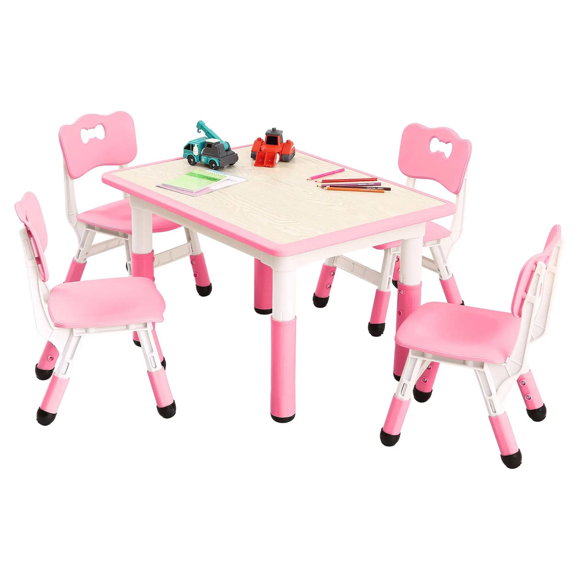 Adjustable Height Kids Table and Chair Set (1 Table & 4 Chairs), 5-Piece Toddler Activity Desk with Easy-Clean Graffiti Tabletop, Multipurpose Play Table for Learning, Drawing, Eating, Pink