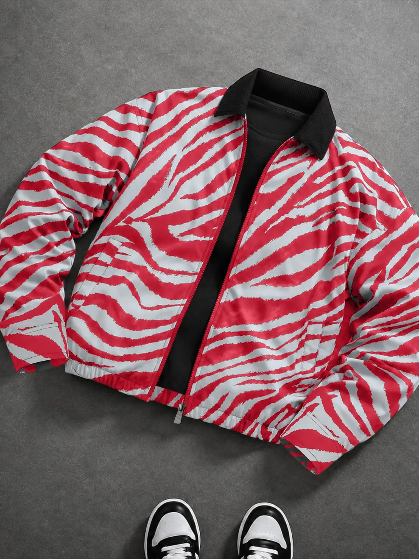 Men's Zebra Print Windproof Jacket, Classic Lapel, Zipper Front, Side Pockets, Elastic Hem, Durable, Outdoor Wear, Multiple Colors Available