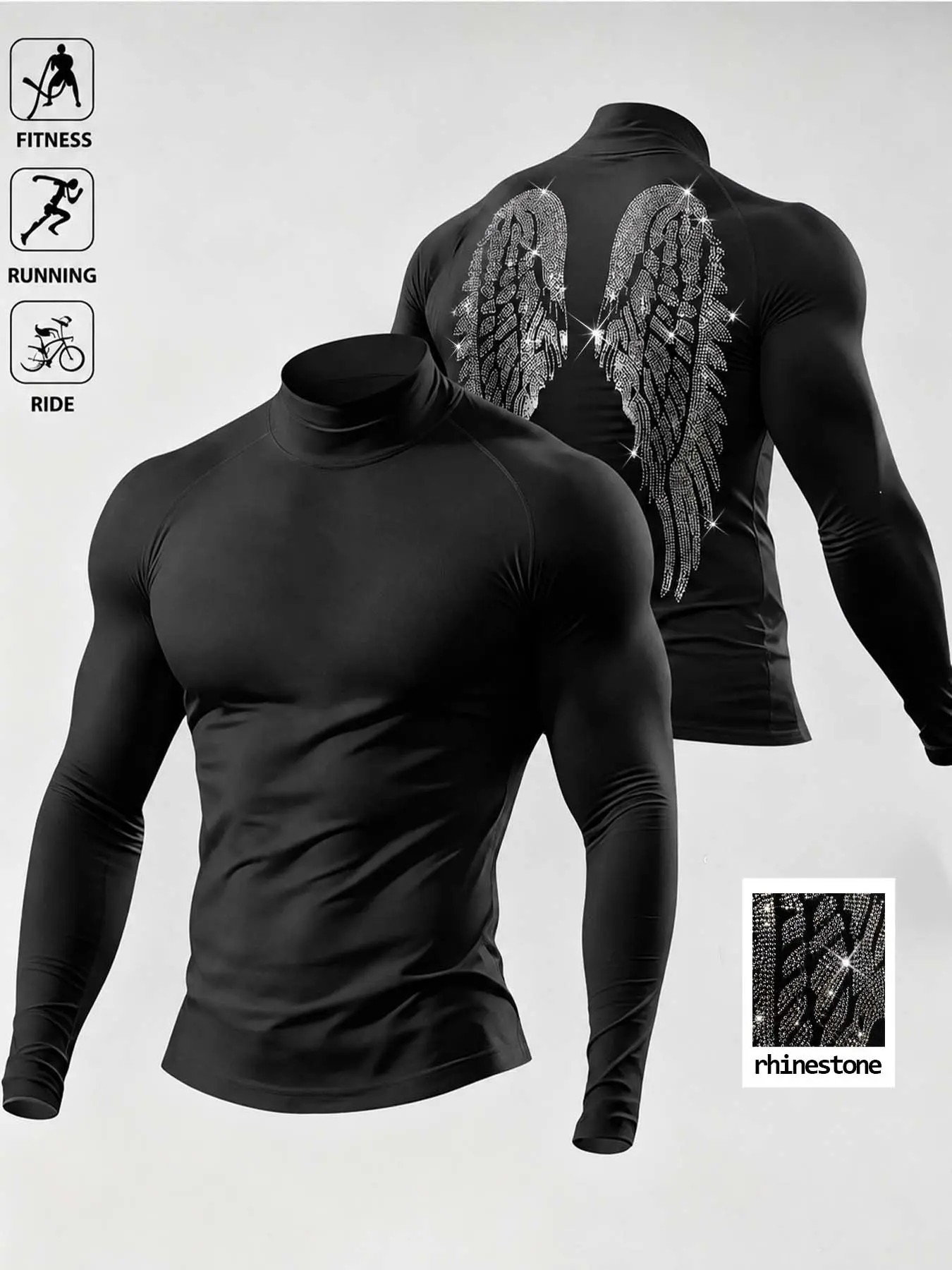 Men Rhinestone Wing Print Mock Neck Long Sleeve Top, Slim Fit Stretchy Athletic Shirt for Fitness Running Cycling, Sporty All Seasons Wear