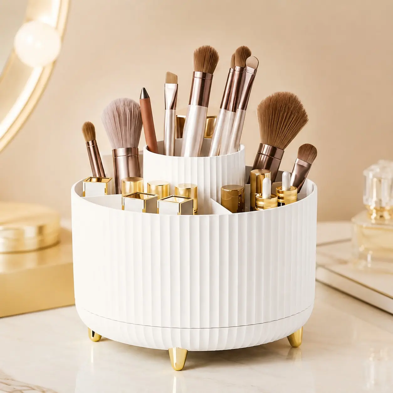 360-Degree Rotating Makeup Organizer with Brush Holder and Compartments for Vanity Countertop Storage