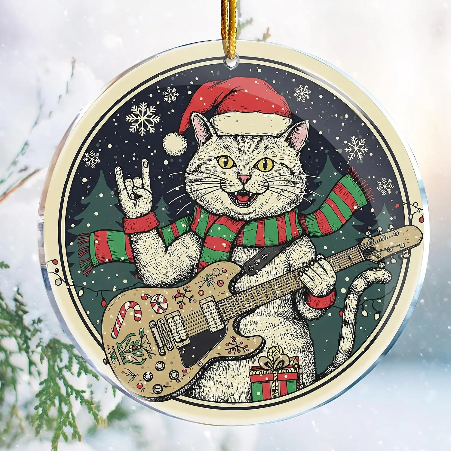 Rock Hand Sign Kitty 3 - Heavy Metal Guitar -   Ornaments for Christmas Tree - Christmas Ornaments - Christmas Decorations - Heavy Metal Rock n Roll Emo Goth