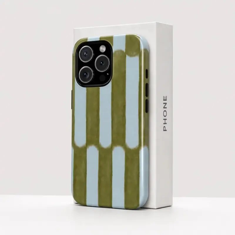 Portable Striped TPU Watercolor Cellphone Case Shockproof Back Cover - Blue & Olive Green, Stylish, Shockproof, Waterproof, Camera-Safe, Unisex Accessory for iPhone 17,16,15,14,13,12,11 Pro Max (Spring Edition)
