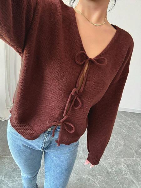 Women's Loose-Fit Shoulder Strap Sweater Cardigan, Solid Butterfly Knot Design, Casual Long Sleeve V Neck Knitwear for Spring & Fall
