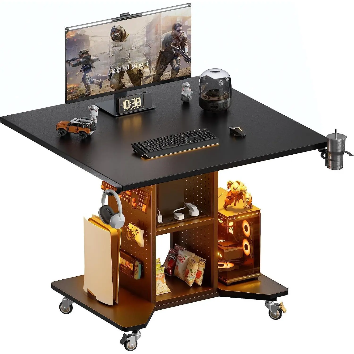 Small Gaming Desk Rolling  Table Balck | Movable, with Led Lights Power Outlets, with Storage Pegboard and Hook, Sturdy, Suitable for Study Gaming Bedroom Dorm