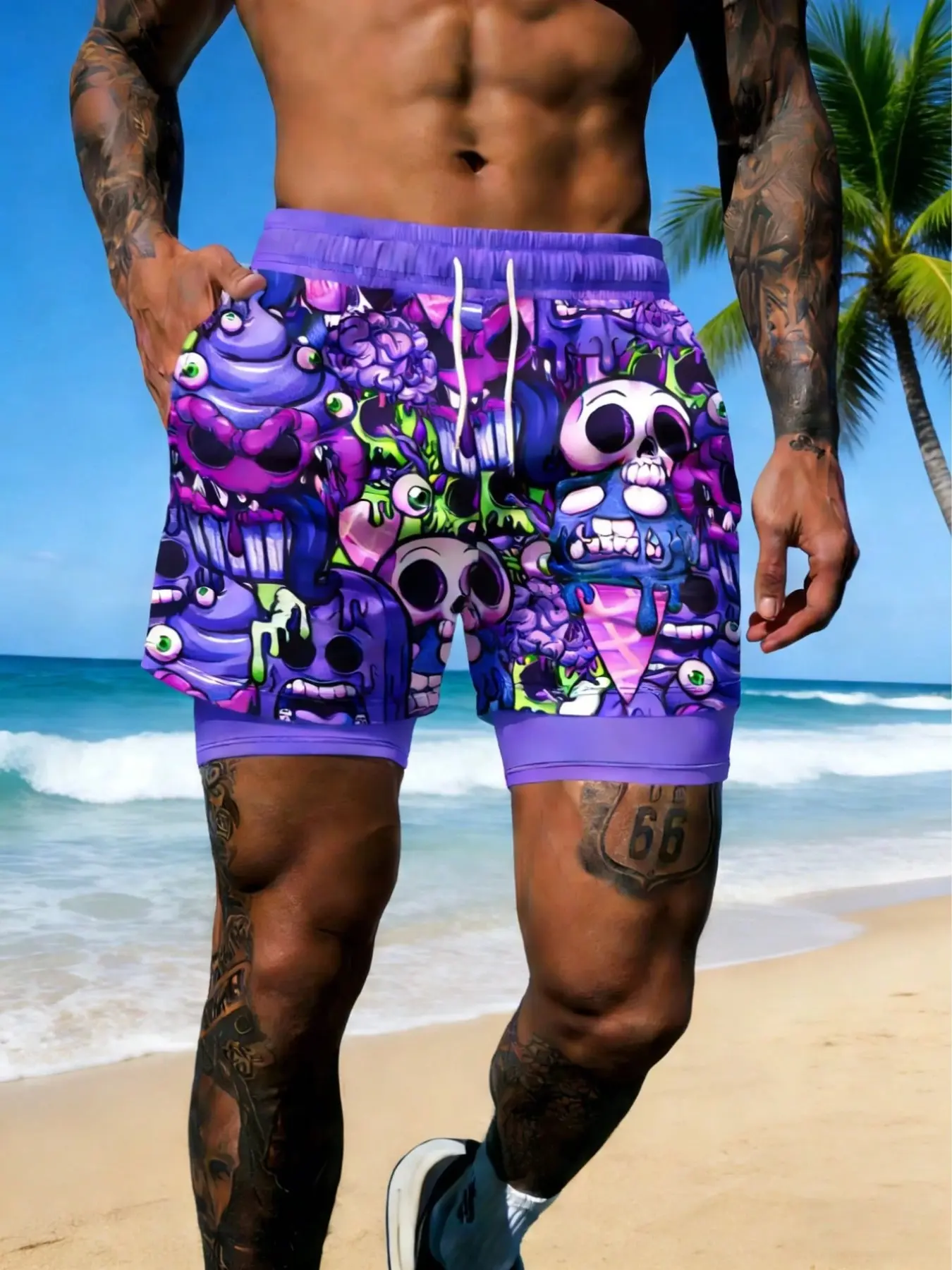 Men's Double-Layer Beach Shorts, Graffiti Skull Monster Print, Anti-Rub Lining, Breathable Sport Shorts, Athletic Shorts, Graphic Fitness Shorts, Outdoor Workout Shorts, Elastic Drawstring Waist, Summer Outdoor Training, Fashionable Summer Shorts