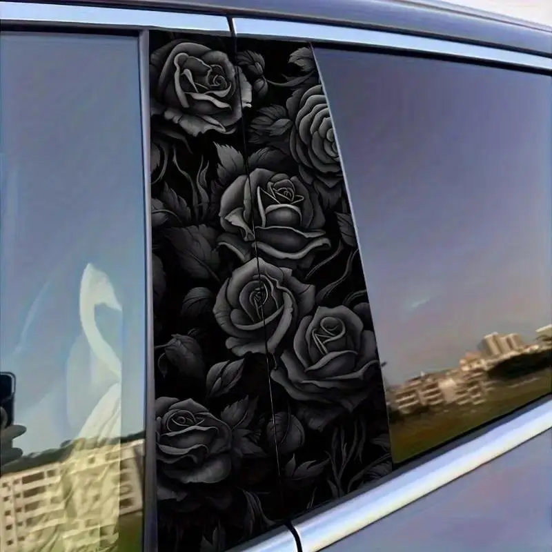 2‑Pack Elegant Black Rose Pattern Vinyl Car Decals, Self‑Adhesive Weather‑Resistant Vehicle Stickers, Aesthetic Decor for Universal Car Window & B‑Pillar Styling
