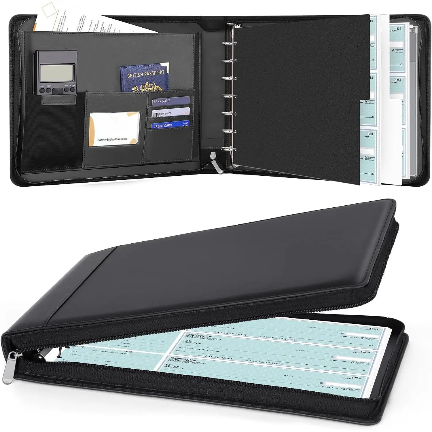 Zippered 7 Ring Business Checkbook Binder Portfolio for 3--a-Page Business Checks, 600 Checks Capacity, PU Leather Check Book Binder Cover with Zipper Pouch & Dividers for 9x13 Sheets, Black