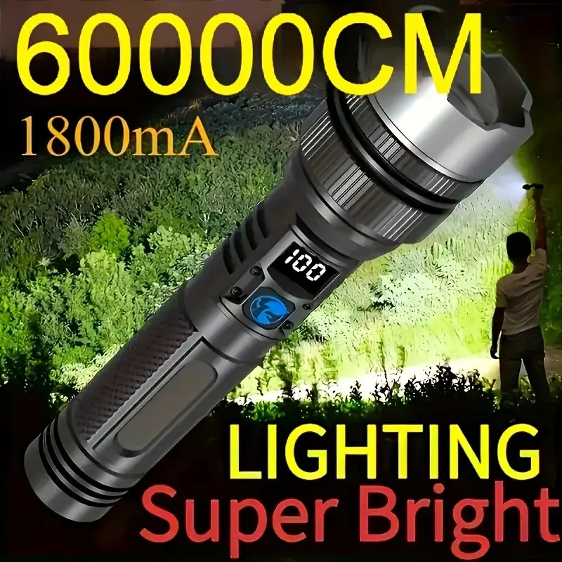 Boxed Adjustable Tactical LED Flashlight, Digital Display with Power Bank Function, 3 Lighting Modes, Rechargeable, Zoomable, Waterproof for Outdoor Camping, Strong Light Flashlight