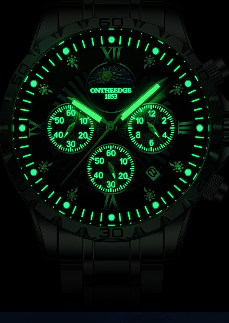 Men's Luxury Moon Phase Quartz Watch - Stainless Steel Wristwatch with Date, Chronograph Subdials, Diamond Markers, Luminous Hands, Classic Business Dress Watch for Men, Perfect Gift for Husband Dad