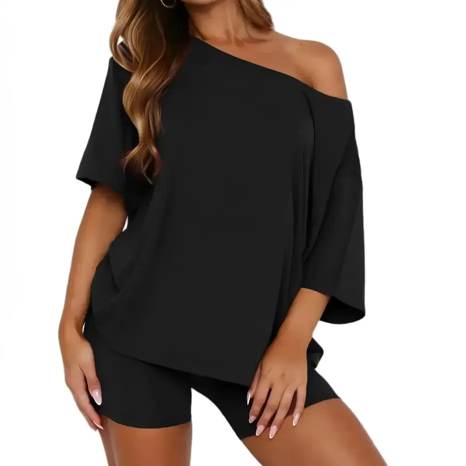 Women's 2-Piece Casual Loungewear Set - Plussize Fashion Apparel, Women's Fashion Off-Shoulder Oversize Top & Fitted Shorts, Soft Stretchy Spring Outfit for Lounging, Travel