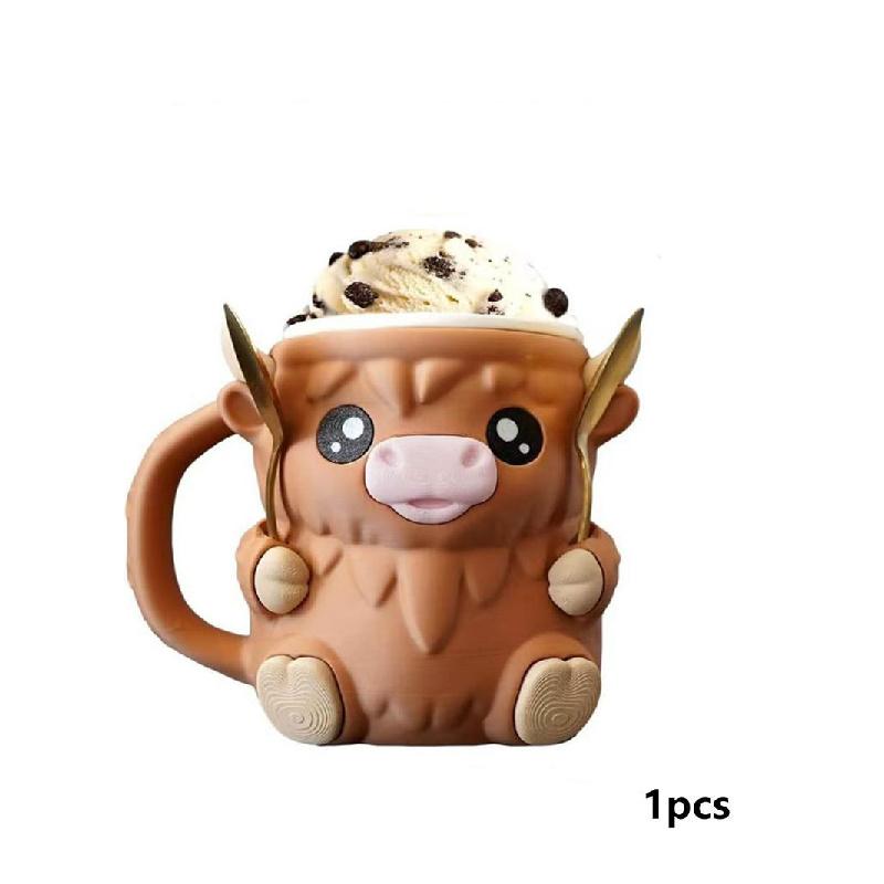 Highland beef ice cream pint holder, cute ice cream pint, 3D printed reusable popsicle container, dessert cup with antifreeze handle - the ideal gift for Highland beef lovers (brown).Cute penguin cup, comes with a spoon, Christmas gift, family use