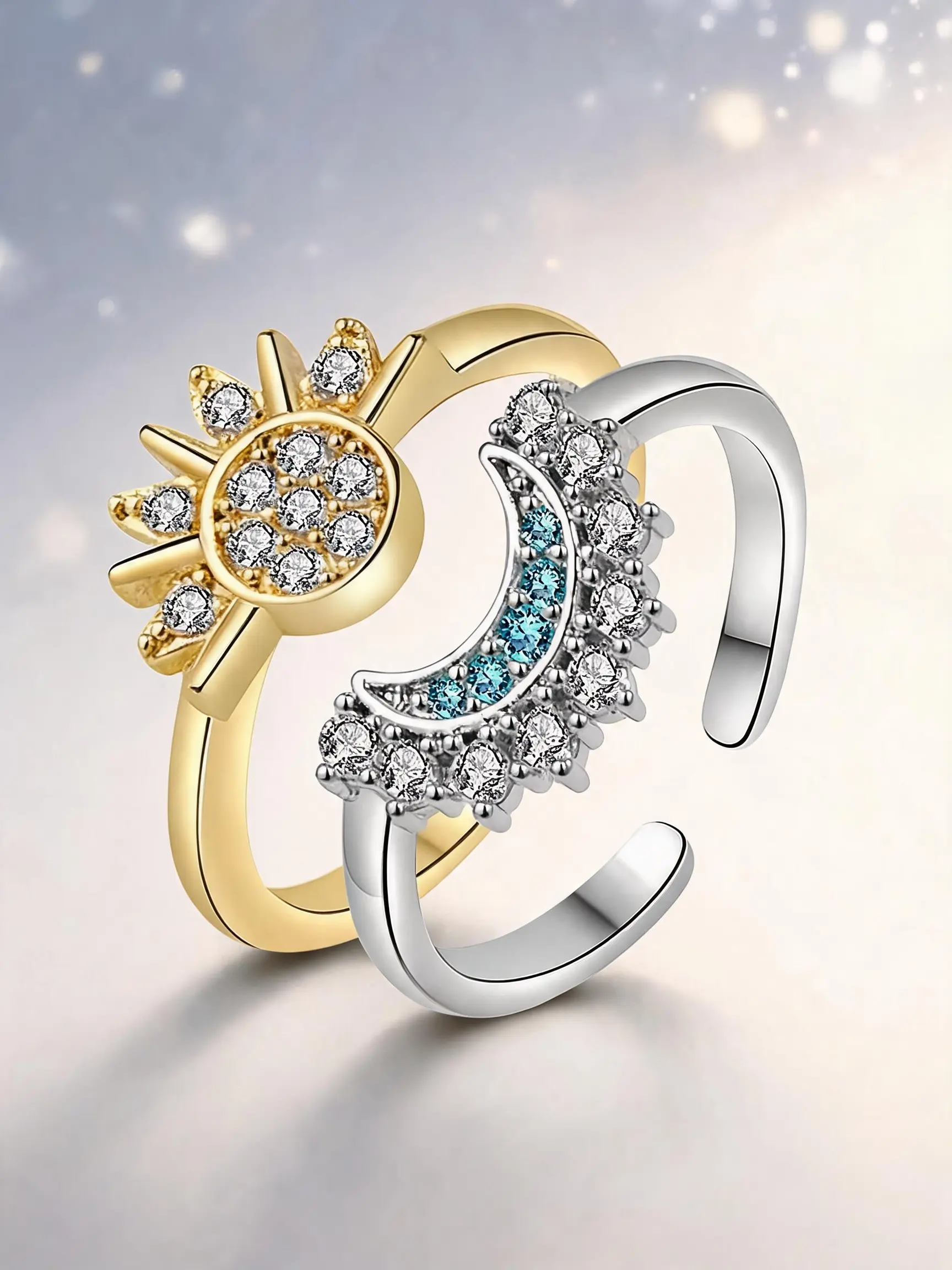 Sun and Moon Matching Rings for Couples, Adjustable Zircon Crystal Promise Rings, Sparkling Zircon Inlay, Aesthetic Jewelry Gift for Her Him, Best Friends Accessories