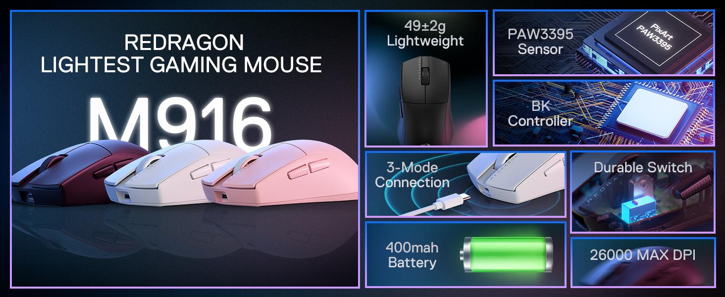 Redragon M916 PRO 3-Mode Wireless Gaming Mouse, 49G Ultra-Light 26K DPI Gamer Mouse w/Ergonomic Natural Grip Build, Full Programmable Buttons, Software Supports DIY Keybinds & DPI
