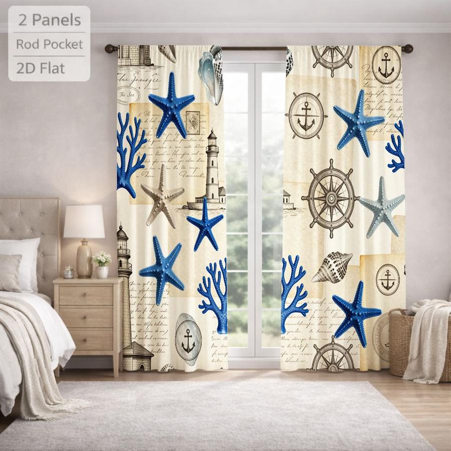 2Pcs Coastal Nautical Starfish Coral Lighthouse Pattern Sun Blocking Curtains Digital Printed Rod Pocket, Window Treatment For Bedroom Office Kitchen Living Room Study Home Decor