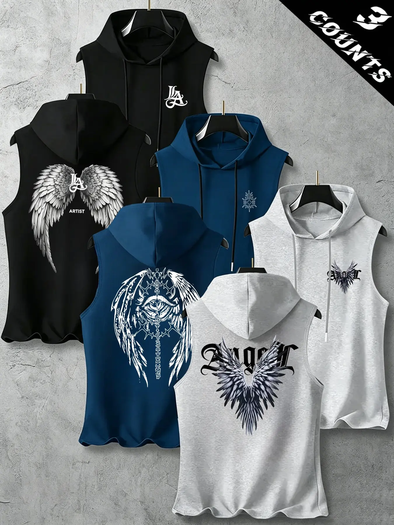 3-Pack Men's Sleeveless Hooded Tank Tops, Stylish Gothic Angel Wing Print Running Training Gym Casual Sports Tops, Sleeveless Workout Vest, Sleeveless Sports Vests
